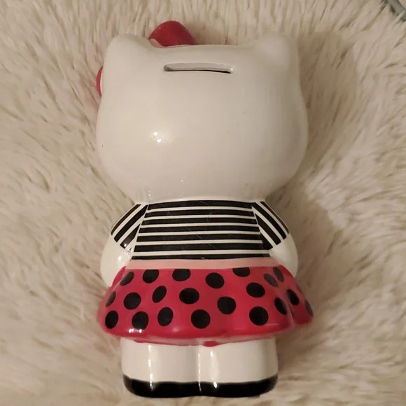 Hello Kitty Ceramic Coin Bank 8" Tall. Pink Polka Dot Skirt, Striped Blouse - Picture 2 of 10